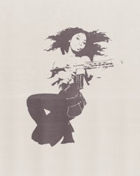 a black and white image of a woman holding a gun
