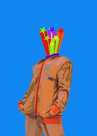 a person wearing a jacket with stars on his head
